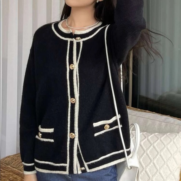 DAZY Stripe Trim Gold Button Cardigan - Picture 6 of 13